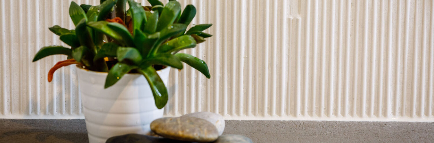 Wandfliesen in 3-D-Optik hinter einer Blume